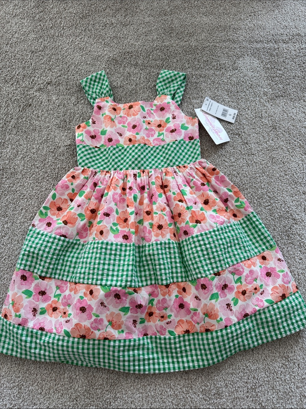 Bonnie Jean Pink Floral Dress with Green Gingham Trim
